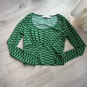 Green checkered printed Mesh long sleeve top - Lisa Says Gah